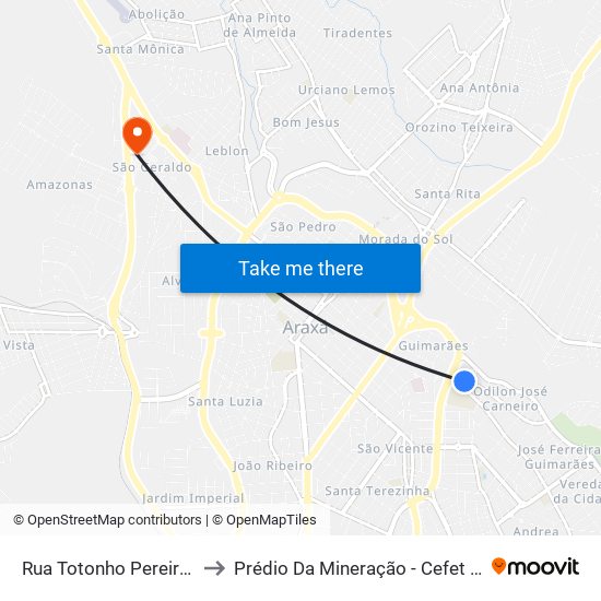 Rua Totonho Pereira, 16 to Prédio Da Mineração - Cefet Araxá map