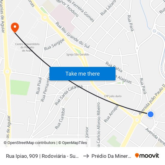 Rua Ipiao, 909 | Rodoviária - Supermercados Abc - Sent. Centro to Prédio Da Mineração - Cefet Araxá map