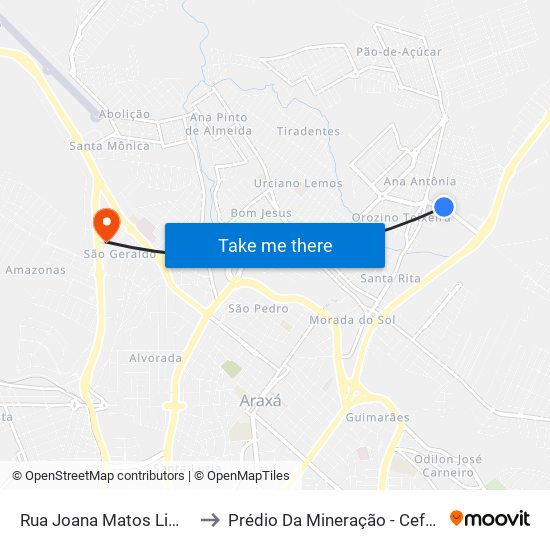 Rua Joana Matos Lima, 615 to Prédio Da Mineração - Cefet Araxá map