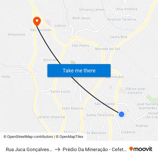 Rua Juca Gonçalves, 857 to Prédio Da Mineração - Cefet Araxá map