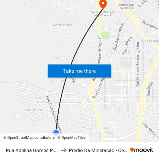 Rua Adelina Gomes Pereira, 70 to Prédio Da Mineração - Cefet Araxá map