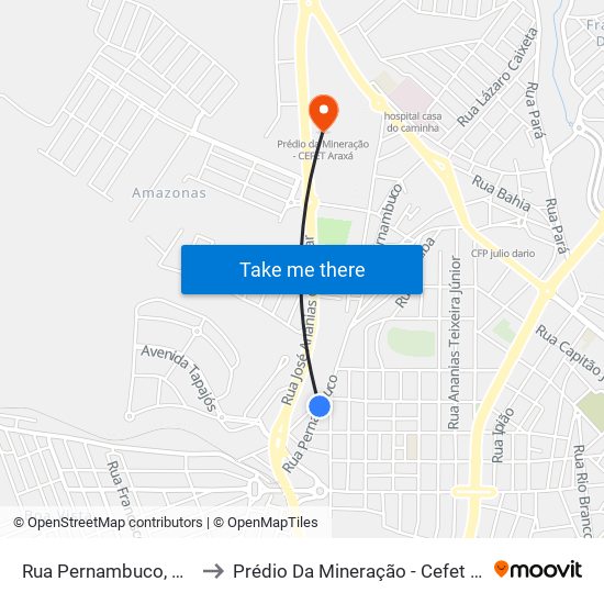 Rua Pernambuco, 1134 to Prédio Da Mineração - Cefet Araxá map