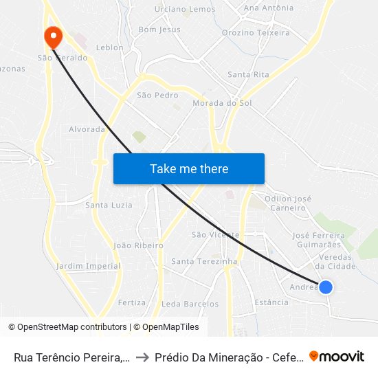 Rua Terêncio Pereira, 2100 to Prédio Da Mineração - Cefet Araxá map