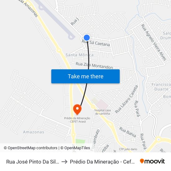 Rua José Pinto Da Silva, 70 to Prédio Da Mineração - Cefet Araxá map