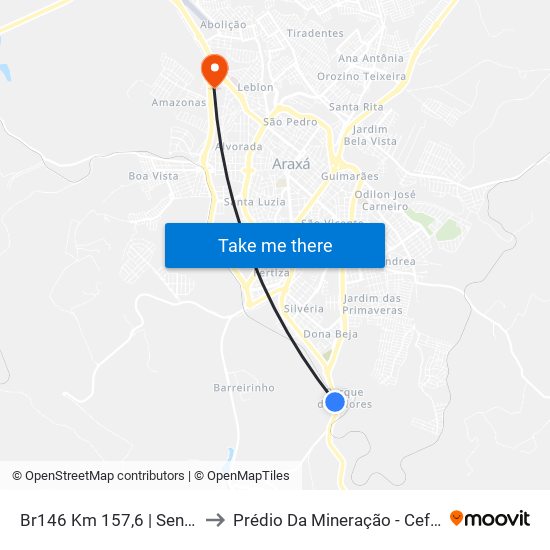 Br146 Km 157,6 | Sentido Sul to Prédio Da Mineração - Cefet Araxá map