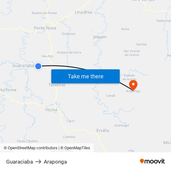 Guaraciaba to Araponga map