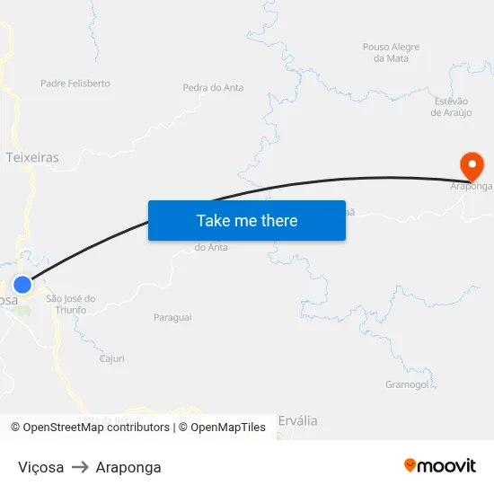 Viçosa to Araponga map