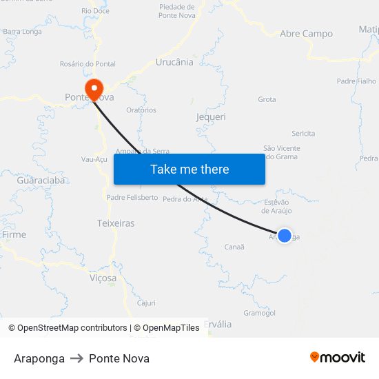 Araponga to Ponte Nova map