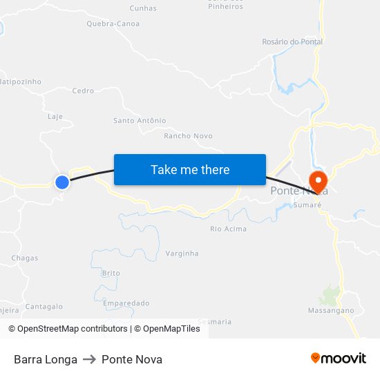 Barra Longa to Ponte Nova map