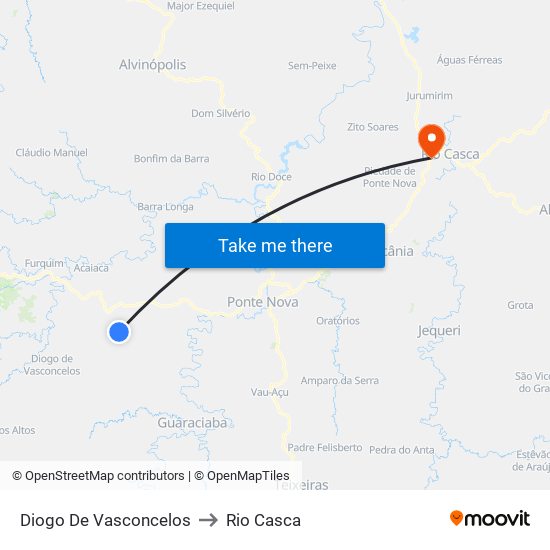 Diogo De Vasconcelos to Rio Casca map