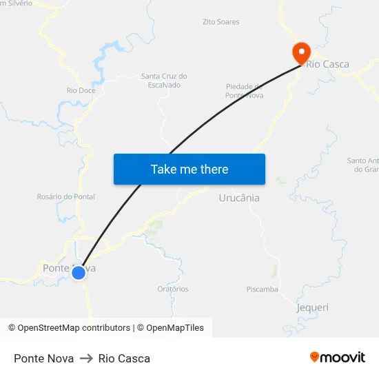 Ponte Nova to Rio Casca map