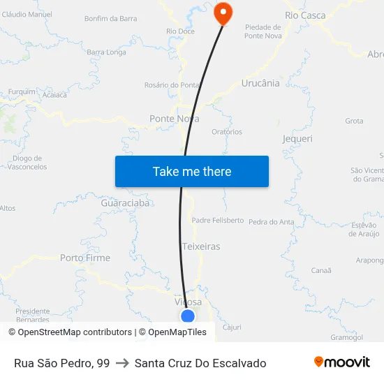 Rua São Pedro, 99 to Santa Cruz Do Escalvado map