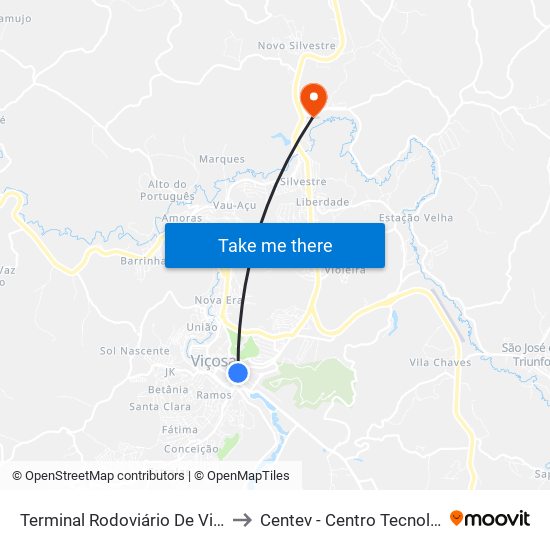 Terminal Rodoviário De Viçosa Joventino Octávio Alencar to Centev - Centro Tecnol. De Des. Regional De Viçosa map