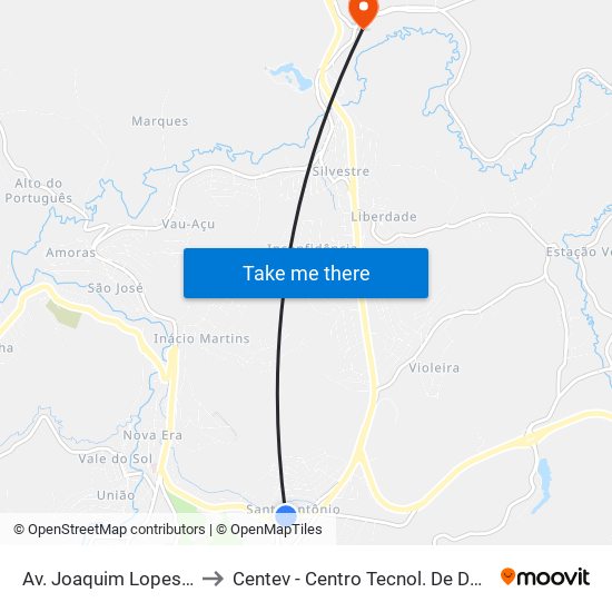 Av. Joaquim Lopes De Faria, 1083 to Centev - Centro Tecnol. De Des. Regional De Viçosa map