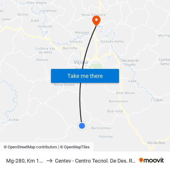Mg-280, Km 10,4 Oeste to Centev - Centro Tecnol. De Des. Regional De Viçosa map
