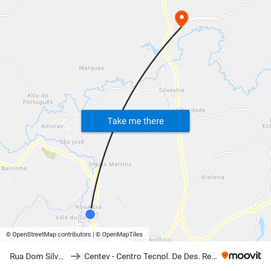 Rua Dom Silvério, 116 to Centev - Centro Tecnol. De Des. Regional De Viçosa map