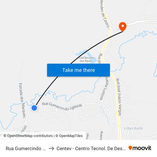 Rua Gumercindo Iglésias, 374 to Centev - Centro Tecnol. De Des. Regional De Viçosa map