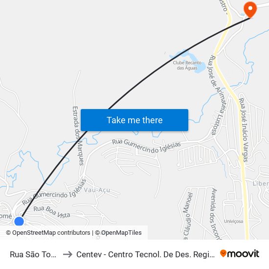 Rua São Tomé, 23 to Centev - Centro Tecnol. De Des. Regional De Viçosa map