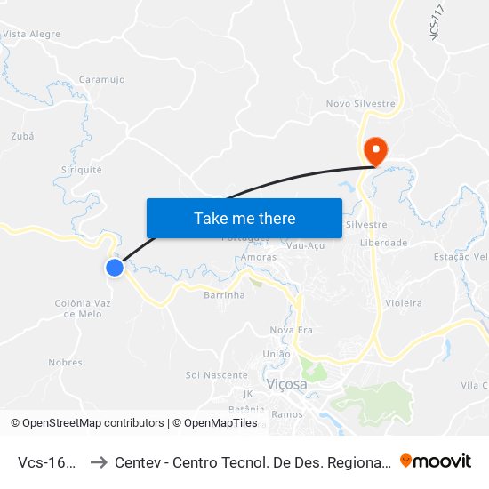 Vcs-165 Sul to Centev - Centro Tecnol. De Des. Regional De Viçosa map