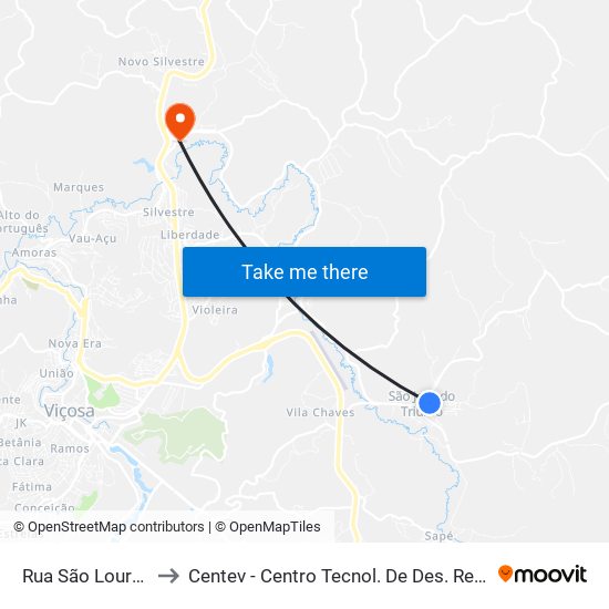 Rua São Lourenço, 96 to Centev - Centro Tecnol. De Des. Regional De Viçosa map