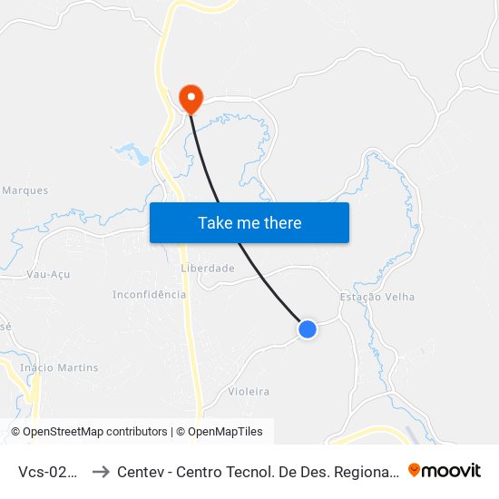 Vcs-020 Sul to Centev - Centro Tecnol. De Des. Regional De Viçosa map