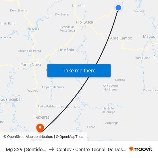 Mg 329 | Sentido Raul Soares to Centev - Centro Tecnol. De Des. Regional De Viçosa map