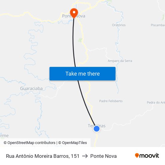 Rua Antônio Moreira Barros, 151 to Ponte Nova map