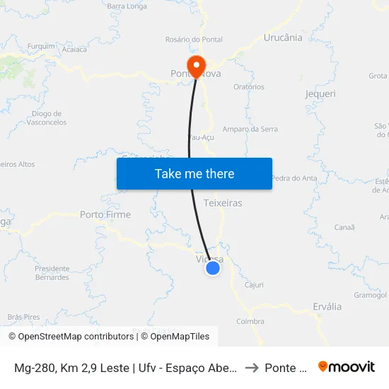 Mg-280, Km 2,9 Leste | Ufv - Espaço Aberto De Eventos to Ponte Nova map