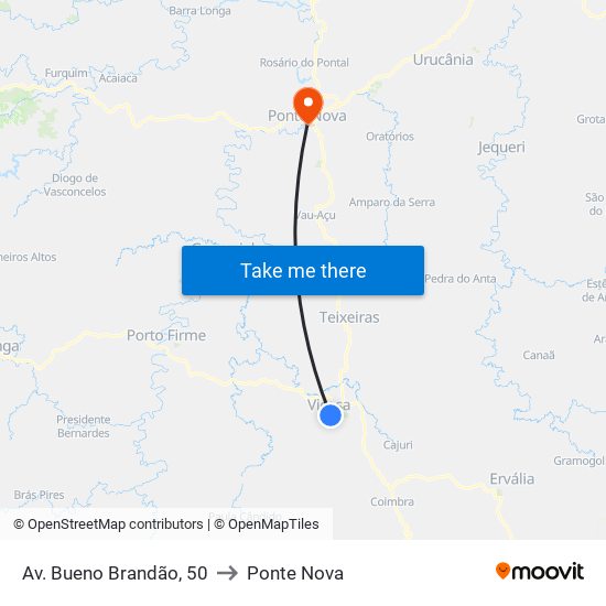 Av. Bueno Brandão, 50 to Ponte Nova map