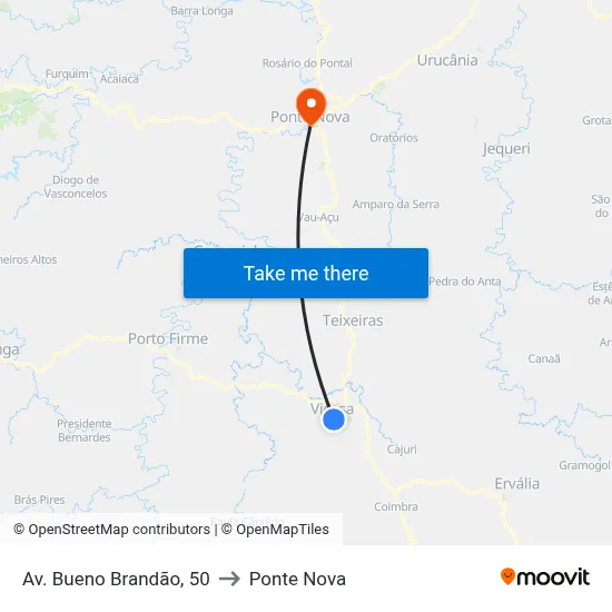 Av. Bueno Brandão, 50 to Ponte Nova map