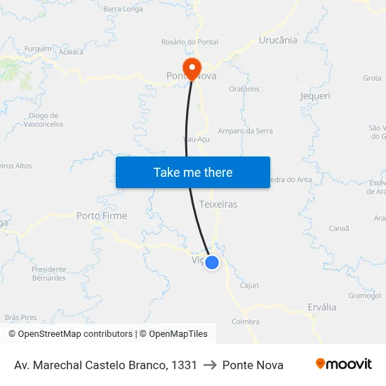 Av. Marechal Castelo Branco, 1331 to Ponte Nova map