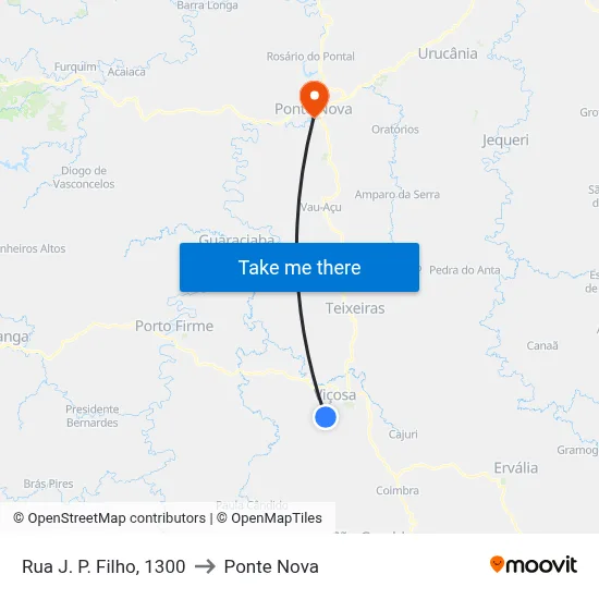 Rua J. P. Filho, 1300 to Ponte Nova map