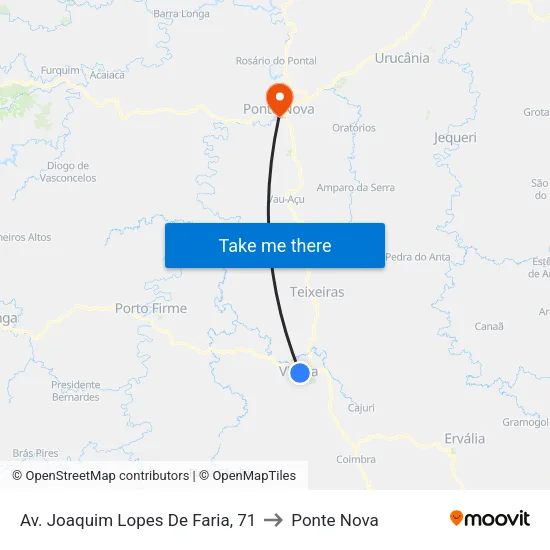 Av. Joaquim Lopes De Faria, 71 to Ponte Nova map