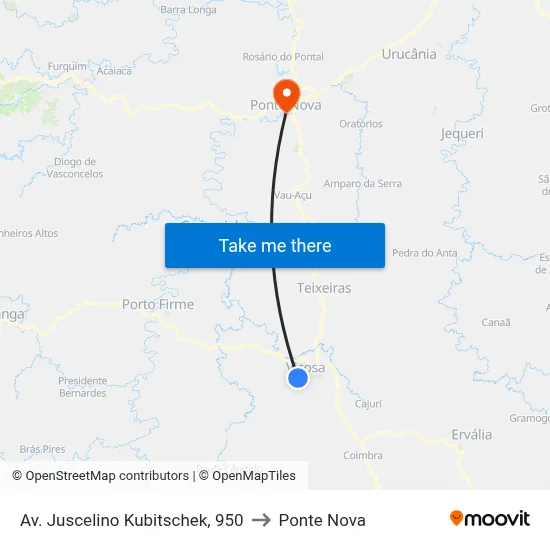 Av. Juscelino Kubitschek, 950 to Ponte Nova map