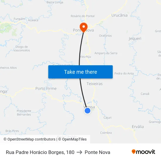 Rua Padre Horácio Borges, 180 to Ponte Nova map