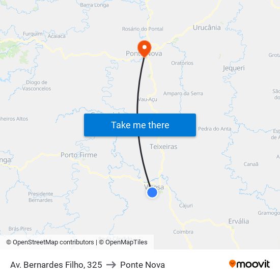 Av. Bernardes Filho, 325 to Ponte Nova map