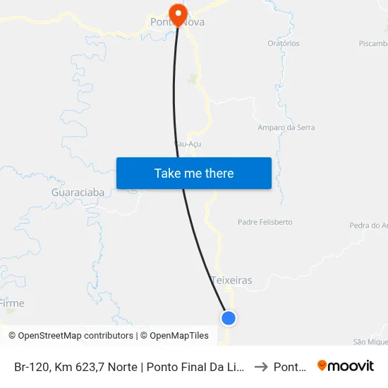 Br-120, Km 623,7 Norte | Ponto Final Da Linha 04 Na Divisa De Teixeiras to Ponte Nova map