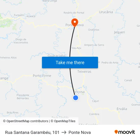 Rua Santana Garambéu, 101 to Ponte Nova map
