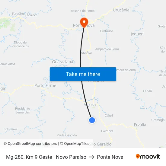 Mg-280, Km 9 Oeste | Novo Paraíso to Ponte Nova map