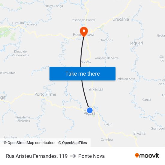 Rua Aristeu Fernandes, 119 to Ponte Nova map