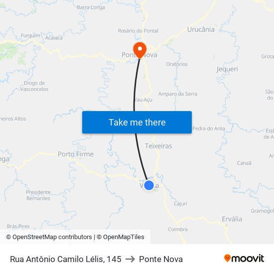 Rua Antônio Camilo Lélis, 145 to Ponte Nova map