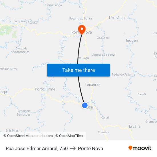 Rua José Edmar Amaral, 750 to Ponte Nova map