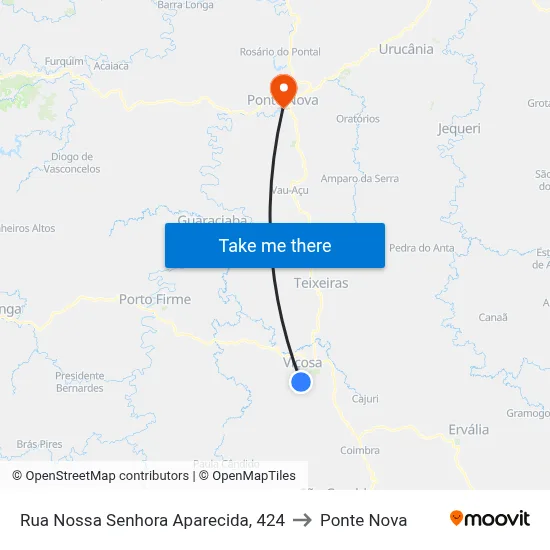 Rua Nossa Senhora Aparecida, 424 to Ponte Nova map