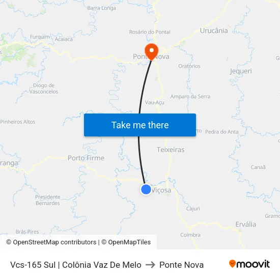 Vcs-165 Sul | Colônia Vaz De Melo to Ponte Nova map