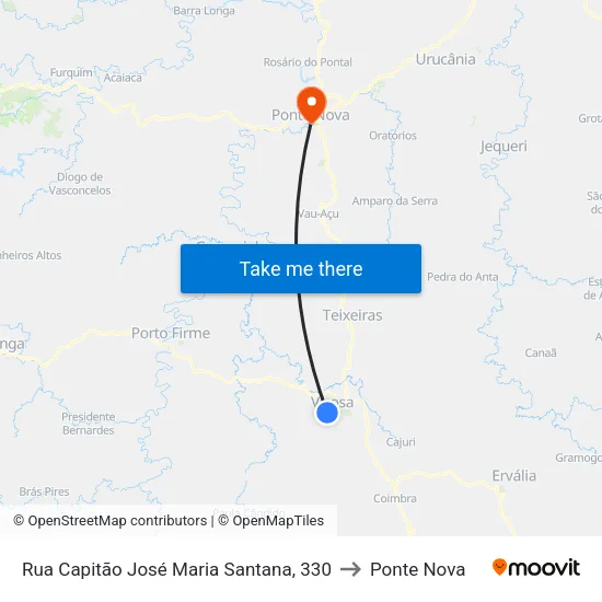 Rua Capitão José Maria Santana, 330 to Ponte Nova map