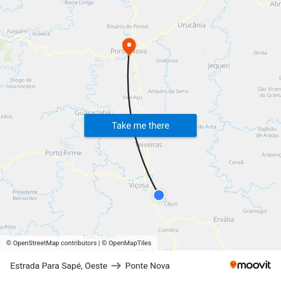 Estrada Para Sapé, Oeste to Ponte Nova map