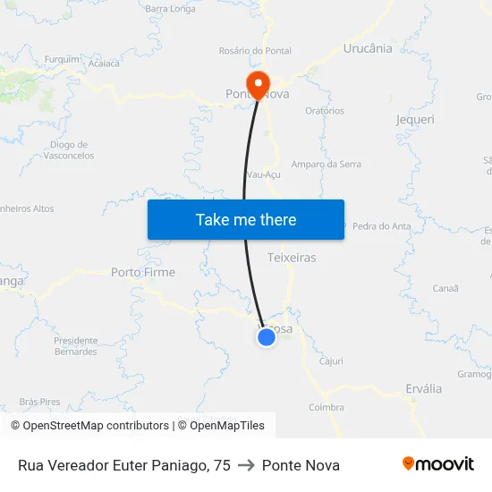Rua Vereador Euter Paniago, 75 to Ponte Nova map