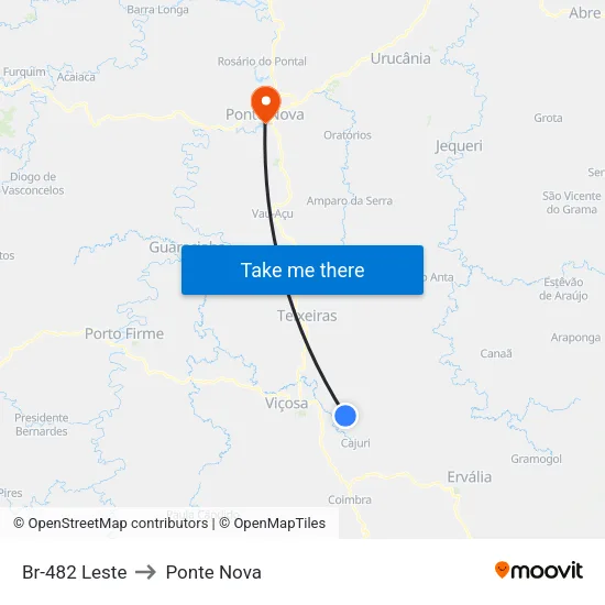 Br-482 Leste to Ponte Nova map