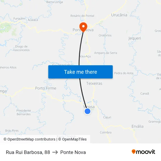 Rua Rui Barbosa, 88 to Ponte Nova map