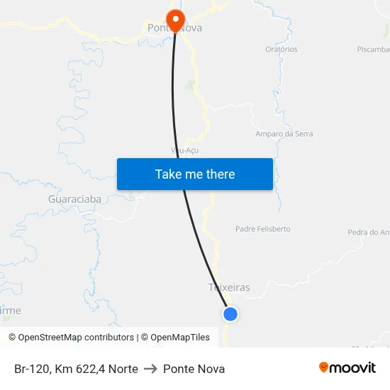 Br-120, Km 622,4 Norte to Ponte Nova map
